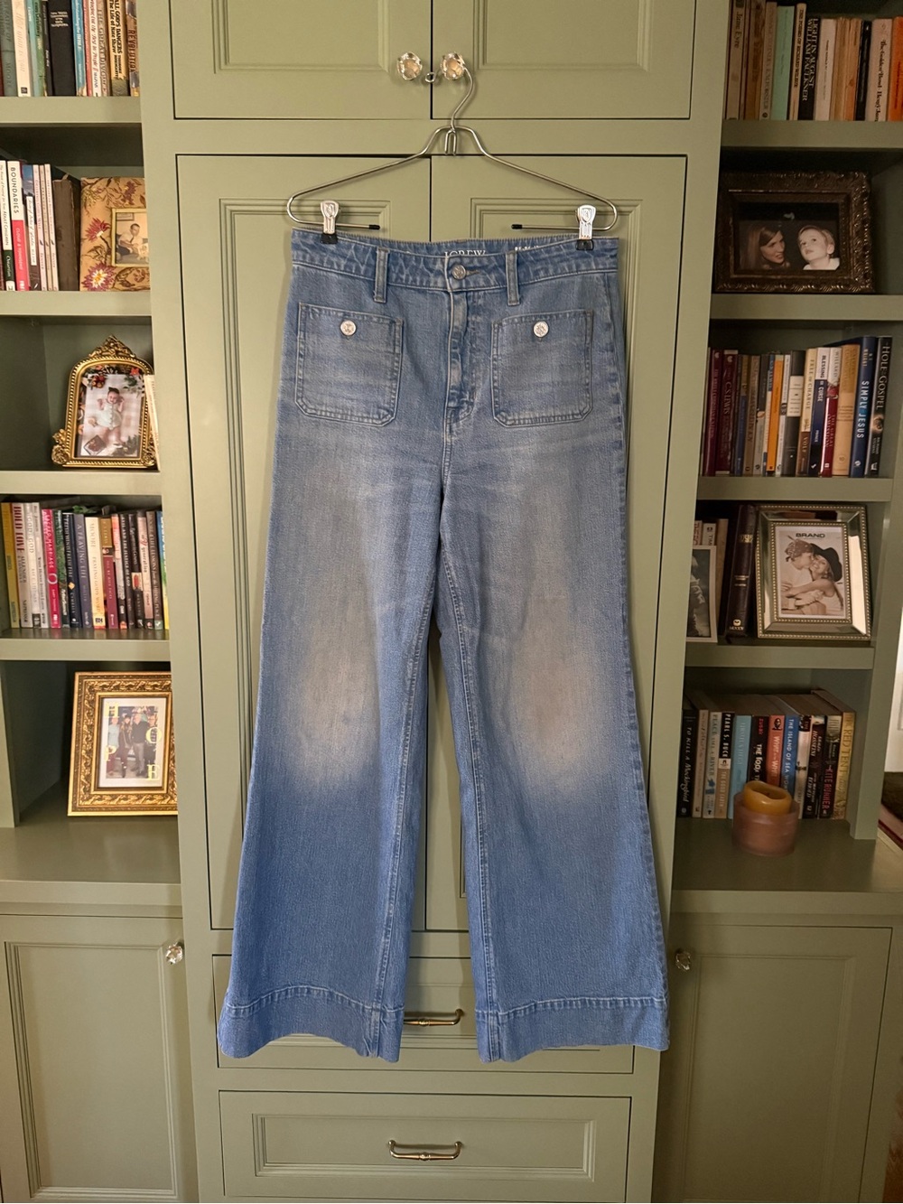 J. Crew Medium Blue High-Rise Wide-Leg Patch Pocket Sailor Jeans 28 Fits Like 29 - Picture 9 of 13